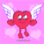 Red heart-shaped character with white wings on pink background with light pink hearts, displaying multiple poses and expressions.