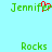 Pixelated green text 'Jennifer' with a red heart symbol replacing the 'e', and 'Rocks' below on a light blue background.