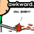 Pixelated cartoon character with light skin and green shirt holds a black-and-white sign reading 'awkward' above red splatters on white background.