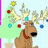 Pixelated image of a brown dog wearing reindeer antlers with Christmas ornaments, standing next to a small decorated tree on a light background.