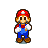 Pixel art of a character in red cap, blue overalls, white gloves, and brown shoes performing sequential hand movements against white background.
