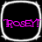 Four identical rounded square with white borders display 'RoseY!' in bright pink pixelated text on black backgrounds