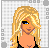 Pixel art contact sheet showing four frames of a female character with blonde hair, black top, and silver shorts in various poses including full-body view, close-up, and text overlay.