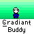 Pixelated character with white face and blue shirt against green gradient background, displaying four distinct speech bubbles with text.