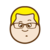 Pixelated icon of a person with yellow hair, brown glasses, and a neutral expression on a gray background.