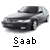Pixelated grayscale image of a sedan car with visible headlights and wheels, positioned above the text 'Saab' on a light gray background.