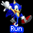 Blue anthropomorphic hedgehog in running pose with white gloves, red shoes, and yellow chest accents; blue rectangular text box below reads 'Run' in white pixelated font.