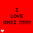 Red background with black text "I LOVE ONSI !!!!!!!" and white heart symbols animating in vertical sequences.