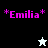 *Emilia* in pink pixelated text with asterisks on black, white, and gray backgrounds; two star-shaped figures alternate between white and black.