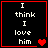 Four black square with red borders display white text "I think I love him" and varying heart symbols