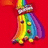 Rainbow-colored cartoon character with a smiling face, wearing a white hat and yellow shoes on red background.