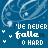 Blue background with swirling white patterns and repeated text "I'VE NEVER FALLEN SO HARD" in varying shades of blue, surrounded by small white stars.