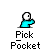 Pixel art animation of two figures interacting with a green object, set against gray background.