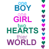 Static image of text and heart symbols arranged vertically with color variations.