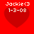 Red background with four identical pixelated red hearts, each containing white text reading "Jackie<3" and "1-3-08".