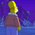 Pixelated figure with yellow hair, brown jacket, and blue pants stands against purple background with blue accents.