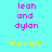 Cyan background with pink pixelated text 'leah and dylan' above two of yellow and light green star icons