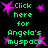 Green pixelated text reads 'Click here for Angela's myspace' surrounded by pink star shapes on a black background.