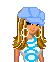 Pixel art icon of a cartoon woman with long brown hair wearing a blue headscarf and blue-and-white striped top, static single-frame image on white background.
