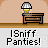 Pixel art animation of a character in yellow clothing sniffing brown furniture with repeated text 'Sniff Panties!' below.