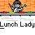 Animated pixel art contact sheet showing a lunch lady character playing instruments across multiple frames with repeated text labels below each frame.