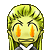 Pixelated character with blonde hair and orange eyes, wearing a dark outfit with white collar, displayed in four positions showing subtle expression changes