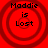 Red circular icon with concentric rings and black text reading "Maddie is Lost" in four quadrants.
