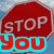 Red octagonal stop sign with white text overlaid by animated pixelated words in cyan and green.