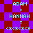Pixelated text and symbols on a purple-red checkered background with two identical side-by-side layouts.