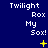 Blue background with white text reading "Twilight Rox My Sox!" and yellow star-like symbols changing position across frames.