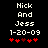 Pixelated text displays 'Nick And Jess 1-20-09' above red heart symbols on a black background, with one heart changing color between frames.