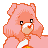 Pixel art animation of a pink Care Bear character with orange outline, showing two frames where the bear's eyes change from open to closed while holding a white object.