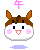 Pixelated cartoon horse head with brown mane, white face, pink cheeks, blue eyes, and a smiling mouth. Pink Chinese character above; light purple cloud below.