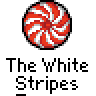 A 4x3 contact sheet of a pixel art animation featuring The White Stripes logo and band members, with frames showing circular candy-cane swirls transitioning to cartoon band members in red and white outfits against a gray background.