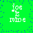Green background with scattered blue dots and four identical pixelated text blocks reading "joe is mine" in white, each with a small white musical note above "joe".