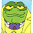 Green cartoon character with yellow eyes and purple mouth, smiling with closed eyes against a light blue background.