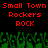 Red pixelated text "Small Town Rockers ROCK" repeated twice on black background with green pixelated crowd at bottom.