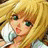 Pixelated static image of a cartoon character with blonde hair and green eyes holding a microphone, rendered in warm yellow-orange tones on a transparent background.