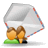 Two brown-haired figures stand under a large transparent umbrella with red and blue trim on a green base.