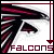 Pixelated bird head with dark plumage and maroon accents, white background, red border elements, 'FALCONS' text at bottom.