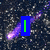 A static image shows a blue rectangle with green letter I over dark starry background, black and white star outline with green apple symbol, and blue banner reading JUSTIN on pink floral backdrop.