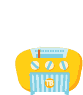 Yellow retro radio with blue striped front and 'TB' logo, six speech bubbles showing musical notes or 'Home' text in light blue circles.