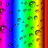 A static image with a bright green background, rainbow gradient on the left side, and red pixelated text arranged in four sections.
