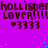 A static image with a bright purple background featuring repeated text and symbols in dark brown, including 'hollisterhollister' and 'LOVER!!!!' above four heart-and-3s icons.