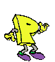 Yellow cartoon character shaped like a letter P with purple shoes and green ankle accents, shown in multiple walking and turning poses against a gray background.