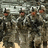 Four pixelated figures in military-style uniforms with dark caps and red face details stand against a muted, textured background.