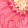 A static pixel art icon with a pink gradient background, featuring the word 'love' in red cursive script and a glowing heart-shaped cluster of light dots in the upper right.