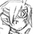 Pixelated grayscale icon of a stylized character head with abstract hair and facial features, rendered in low-resolution dithering on white background.