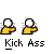 Pixelated yellow figures with white circular heads perform kicking motions against a gray background, text below reads "Kick Ass".