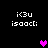 Pixelated text 'i<3u isaac:' appears in four corners of a black background with three distinct heart symbols changing color and position.